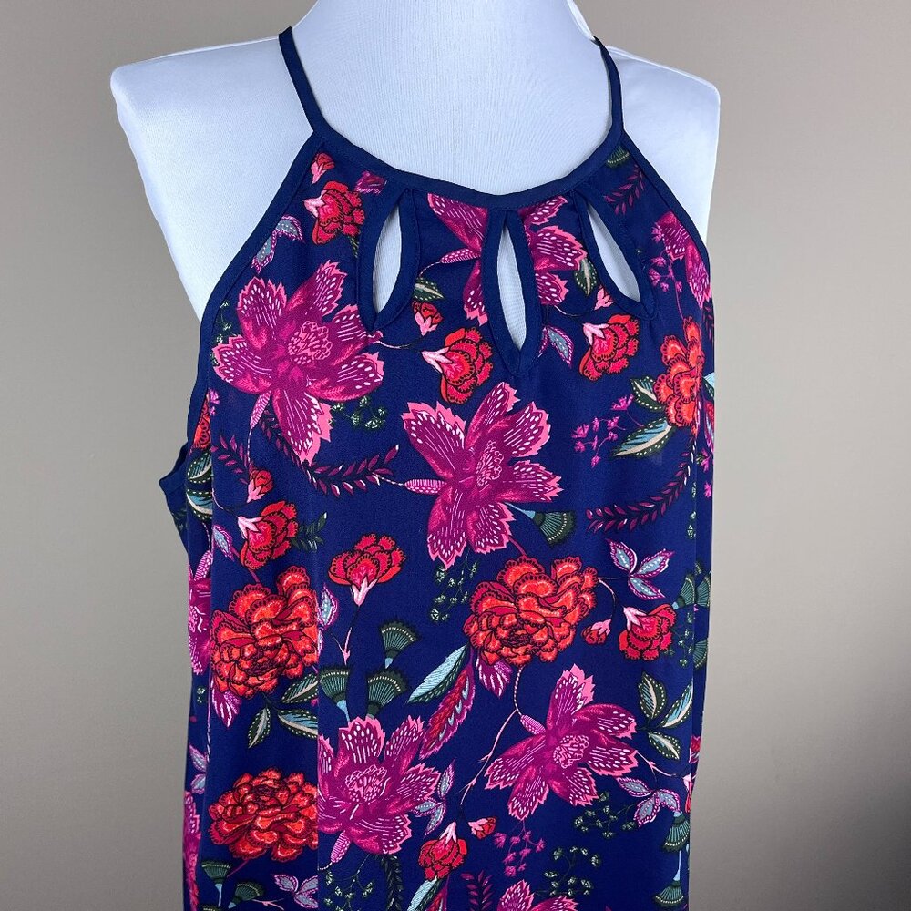 Papermoon Sleeveless Blouse Plus Size XXL Blue Red, Floral Print, Cutouts